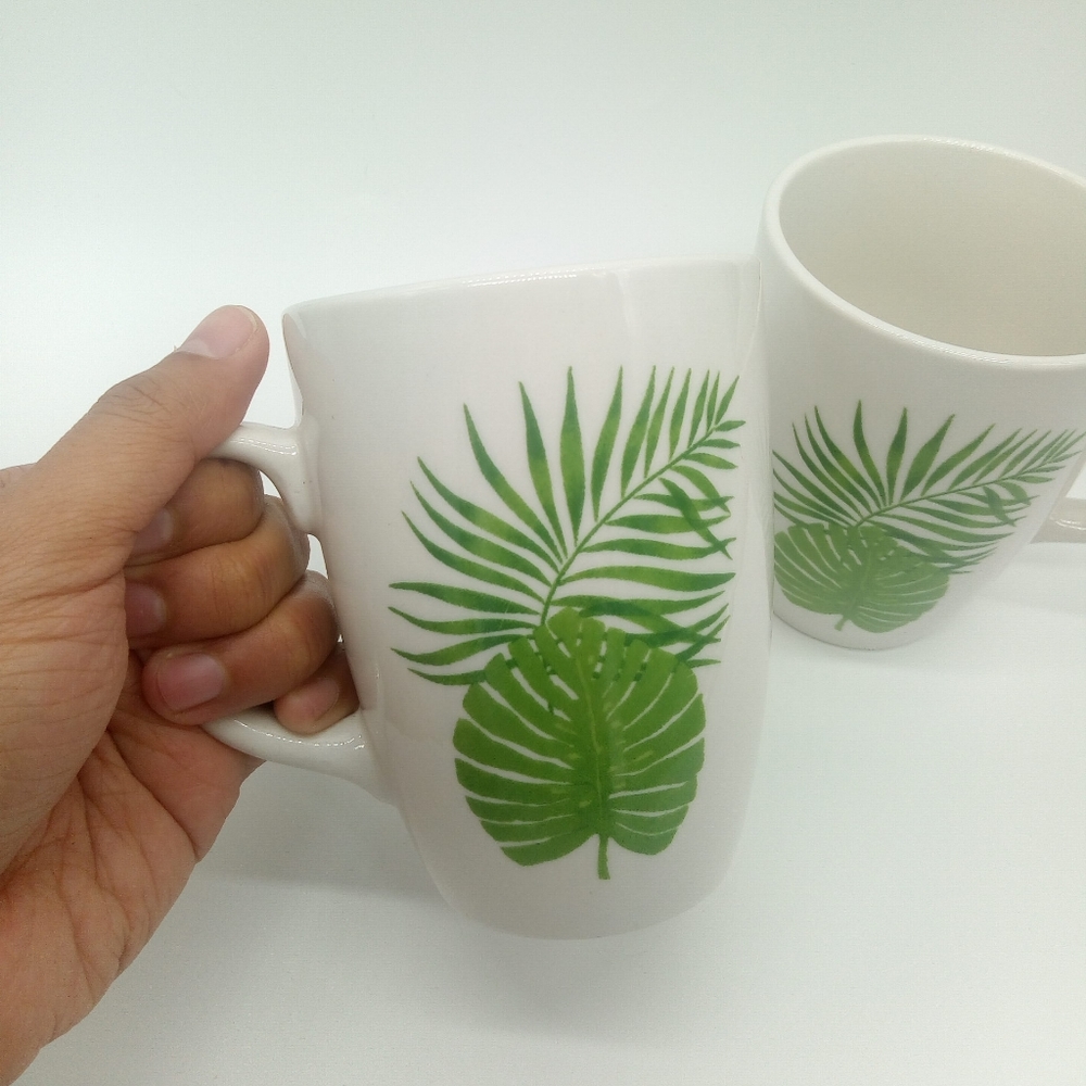 2 THOMPSON POTTERY Mugs White with Palm Leaves